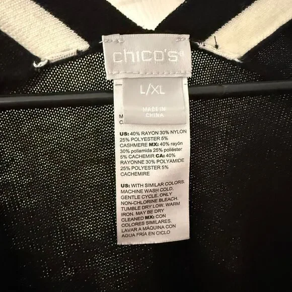 Chico's L/XL Black White Striped Open Front Poncho Cardigan Cashmere Blend Wrap - Picture 3 of 8
